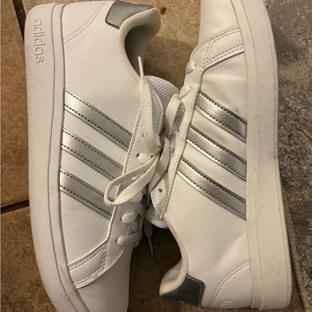 Adidas White and Silver Striped Sneakers